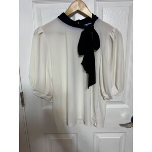 CeCe Ivory Black Tie Neck Puff Sleeve Blouse Keyhole Back Top Medium